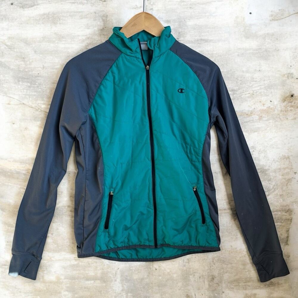 Champion Womens Workout Jacket Medium Green & Gray Double Dry Zip Up Logo *Read